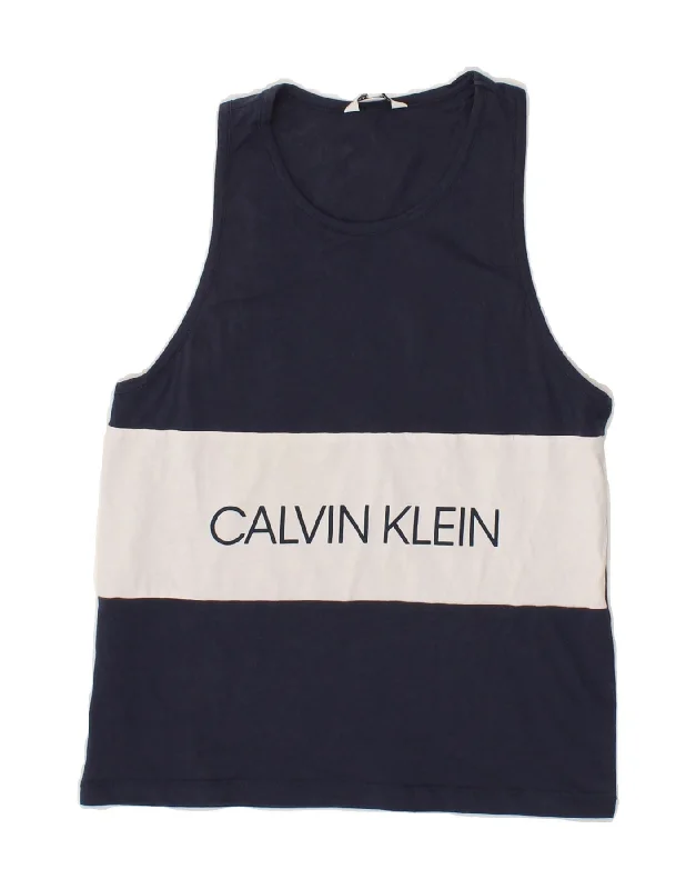 CALVIN KLEIN Boys Graphic Vest Top 12-13 Years Navy Blue Colourblock