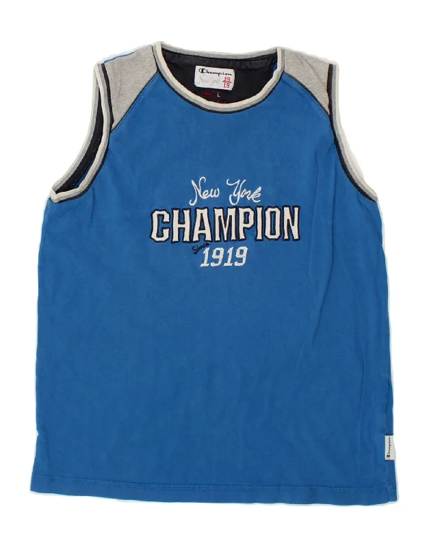 CHAMPION Boys Graphic Vest Top 11-12 Years Large  Blue Colourblock