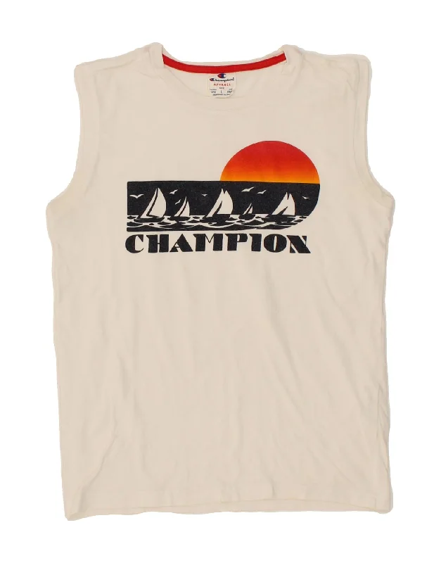 CHAMPION Boys Graphic Vest Top 11-12 Years Large White Cotton