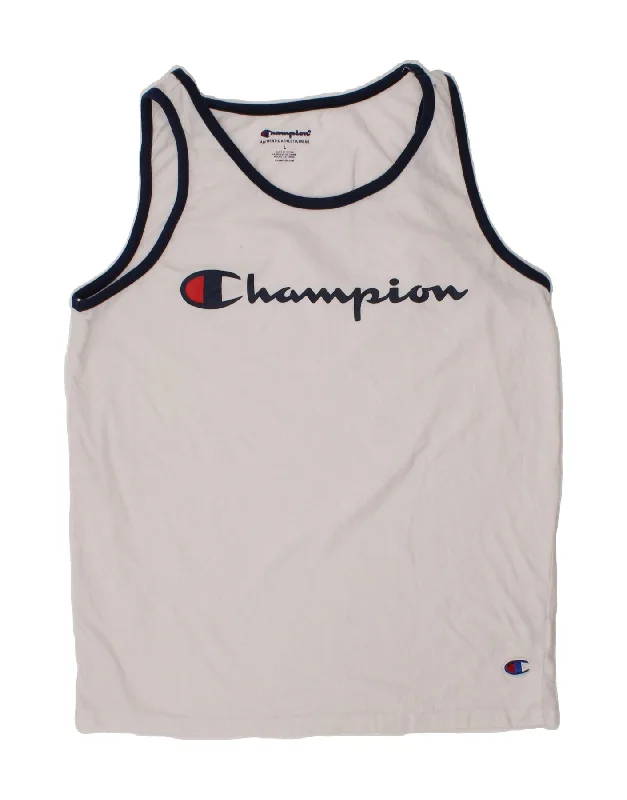 CHAMPION Boys Graphic Vest Top 11-12 Years Large White Cotton