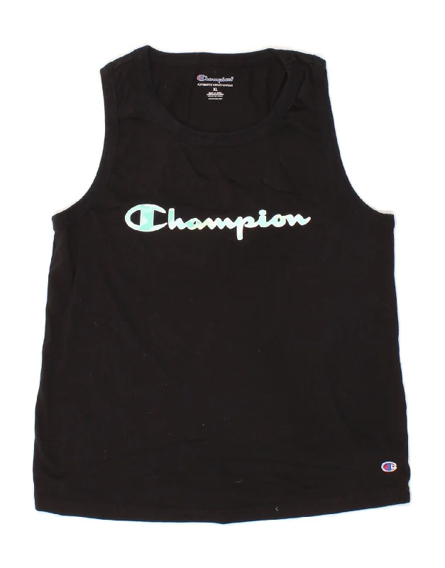 CHAMPION Boys Graphic Vest Top 13-14 Years XL  Black Cotton