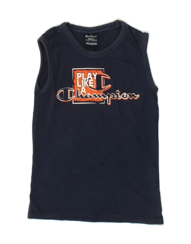 CHAMPION Boys Graphic Vest Top 7-8 Years Small Navy Blue Cotton