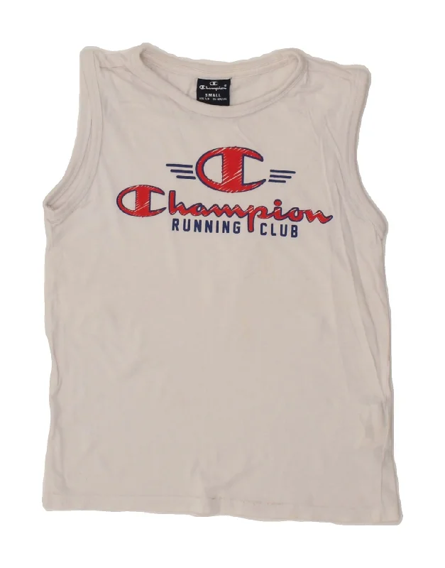 CHAMPION Boys Graphic Vest Top 7-8 Years Small White Cotton