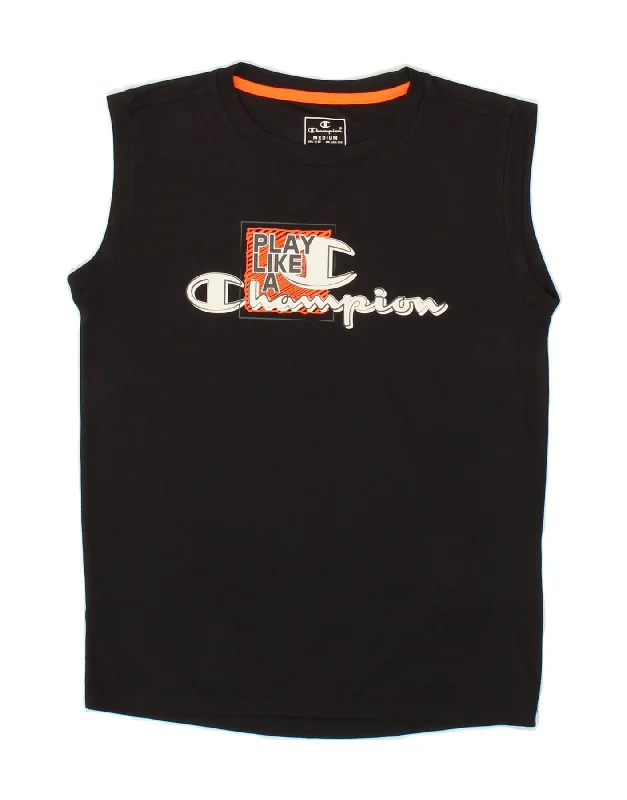 CHAMPION Boys Graphic Vest Top 9-10 Years Medium Black Polyester