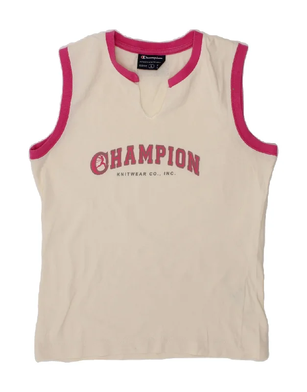 CHAMPION Girls Graphic Vest Top 11-12 Years Large White Cotton