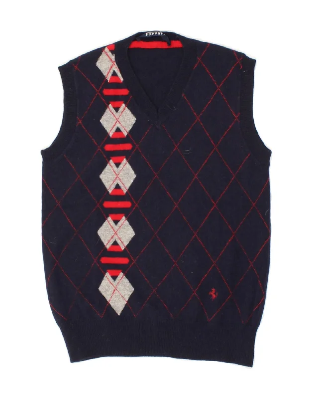 FERRARI Boys Vest Tank Top 11-12 Years Navy Blue Argyle/Diamond Wool