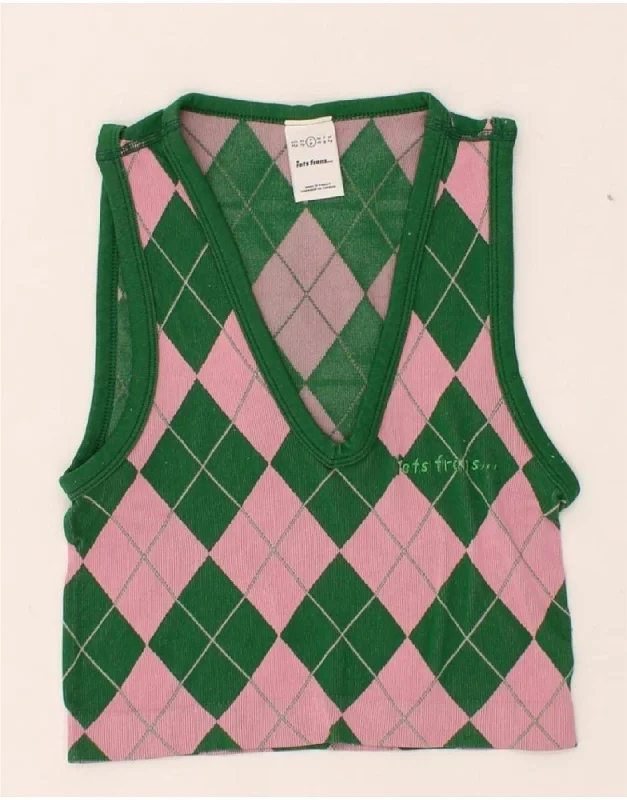 IETS FRANS Girls Vest Top 7-8 Years Small Green Argyle/Diamond