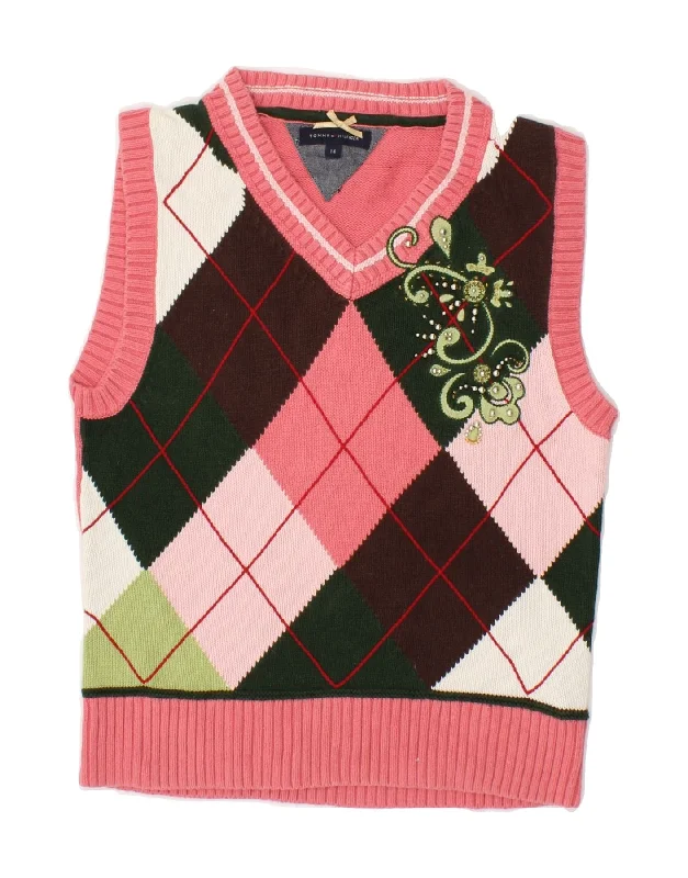 TOMMY HILFIGER Girls Vest Tank Top 13-14 Years Pink Argyle/Diamond Cotton