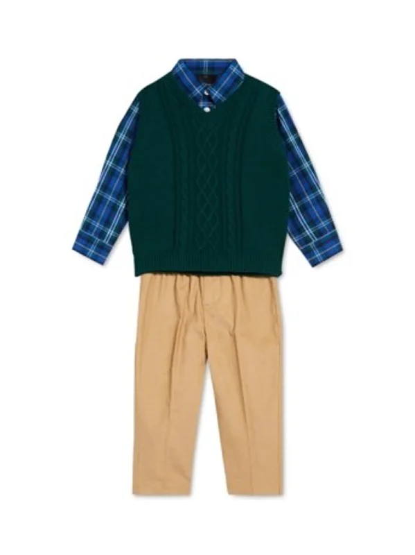 Kids Boy's 3 Pcs Plaid Top & Bottom With Vest Set,Multi