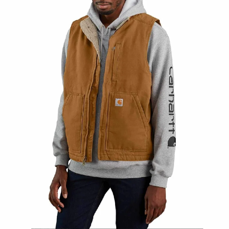 Carhartt Mens Brown Washed Duck Sherpa Lined Mock Work Vest - 104277-BRN