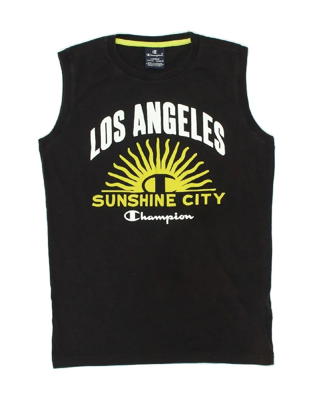 CHAMPION Boys Graphic Vest Top 11-12 Years Large Black Cotton