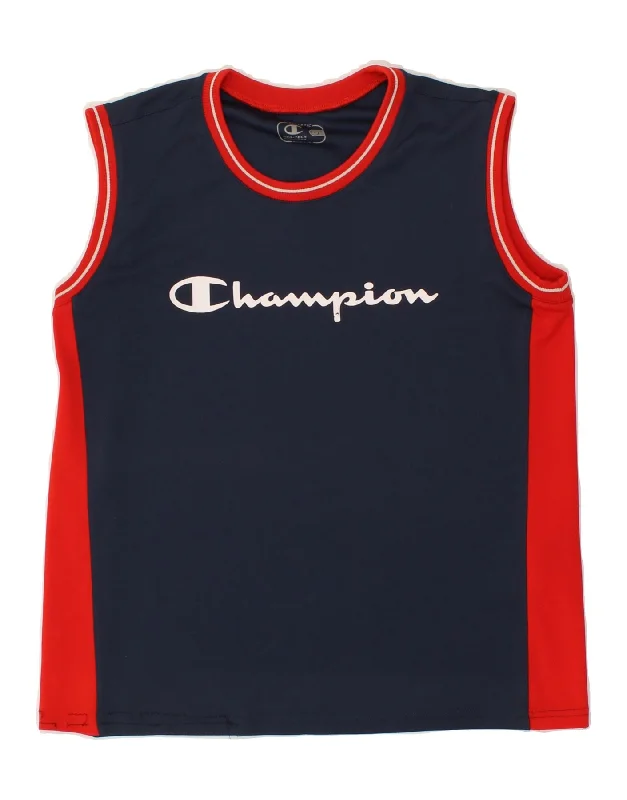 CHAMPION Boys Graphic Vest Top 11-12 Years Large Navy Blue Colourblock