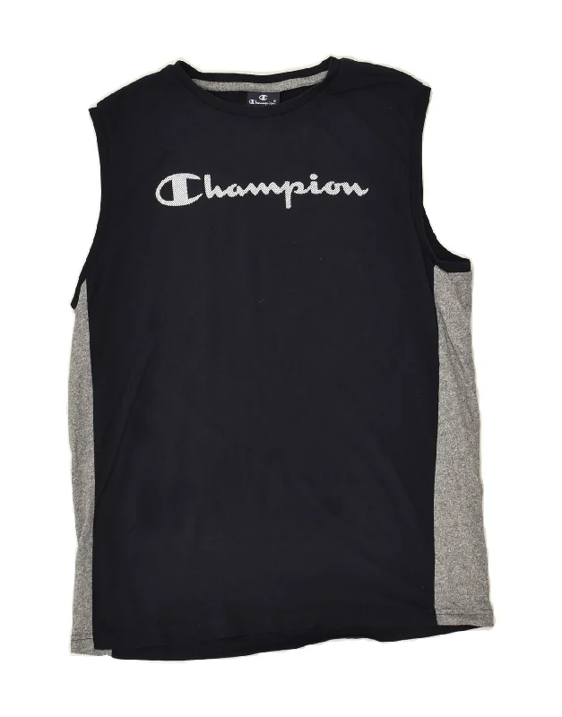 CHAMPION Boys Graphic Vest Top 15-16 Years 2XL Navy Blue Colourblock