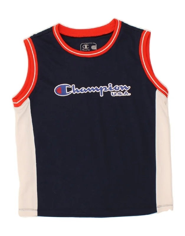 CHAMPION Boys Graphic Vest Top 7-8 Years Small Navy Blue Colourblock