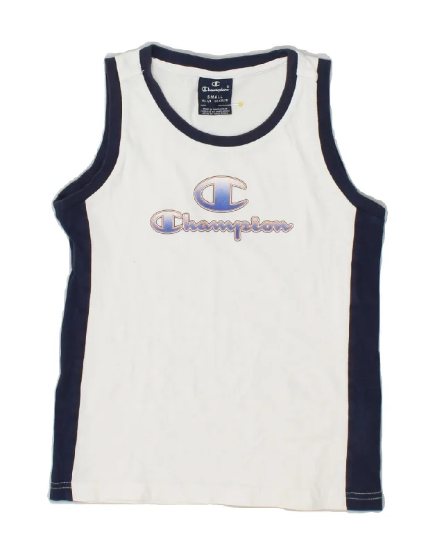 CHAMPION Boys Graphic Vest Top 7-8 Years Small White Colourblock Cotton