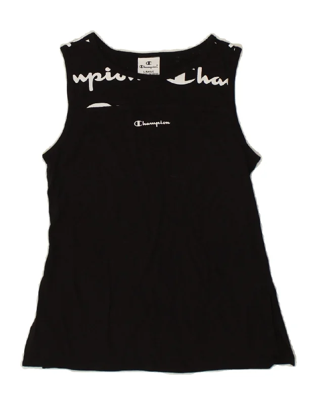 CHAMPION Girls Graphic Vest Top 11-12 Years Large  Black Cotton