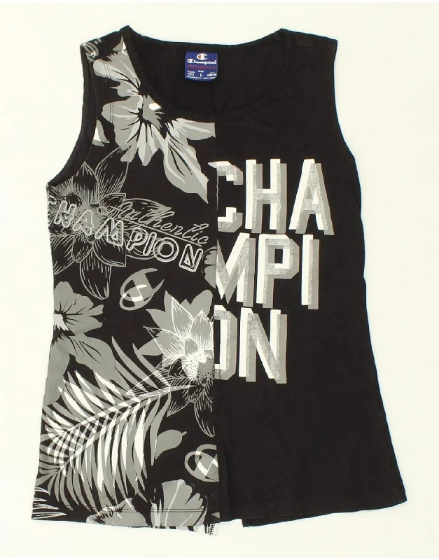 CHAMPION Girls Graphic Vest Top 11-12 Years Large Black Floral