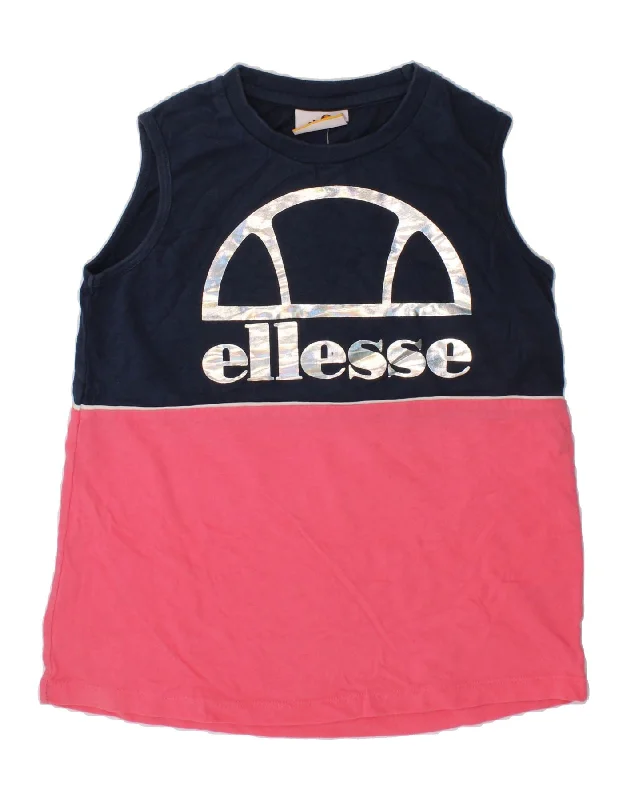 ELLESSE Girls Graphic Vest Top 6-7 Years Navy Blue Colourblock Cotton