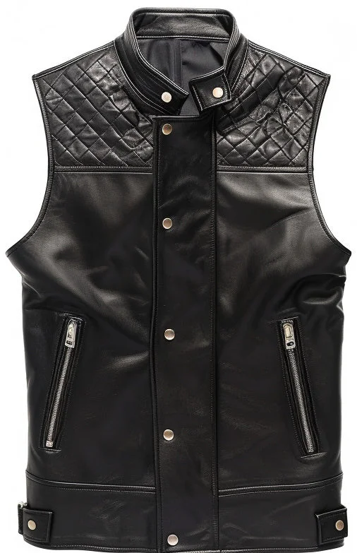 Men Black Leather Vest Quilted Style