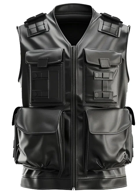 Men Black Military Leather Vest