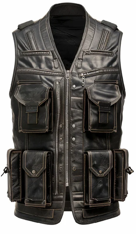 Men Rub off Military Leather Vest