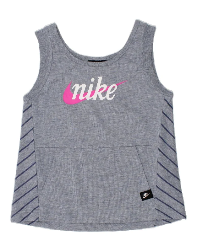 NIKE Girls Graphic Vest Top 8-9 Years Small Blue Striped Cotton