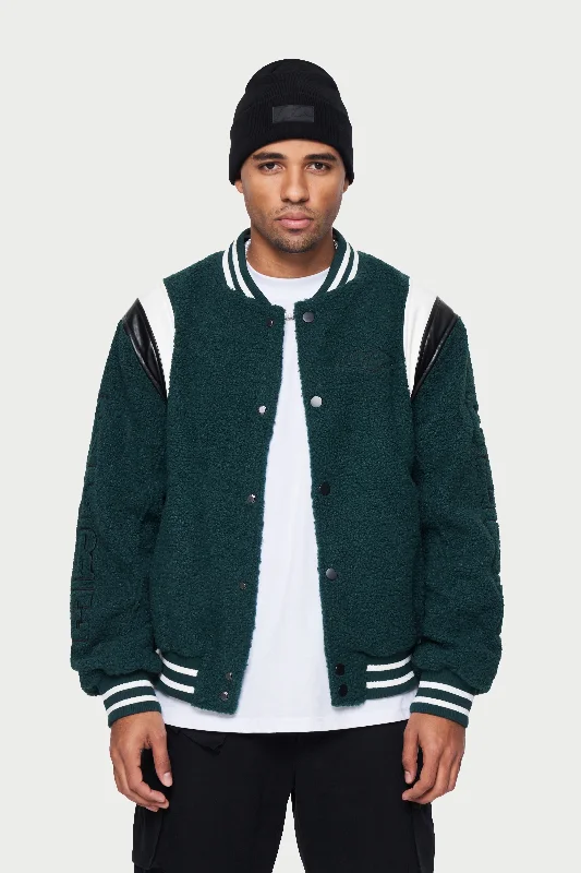 BADGED BORG VARSITY JACKET - GREEN