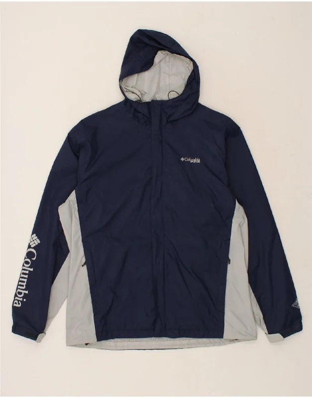 COLUMBIA Mens Graphic Hooded Rain Jacket UK 40 Large Navy Blue Colourblock