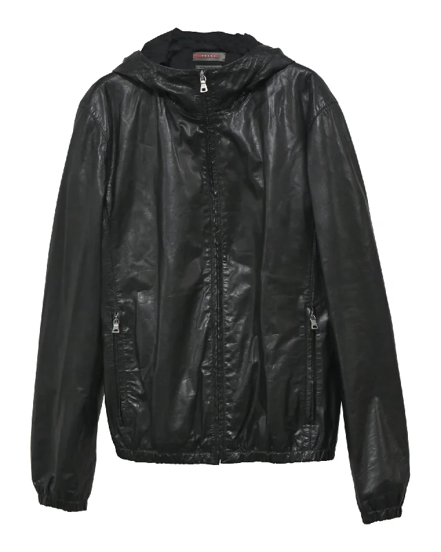 Prada Hooded Jacket in Black Leather