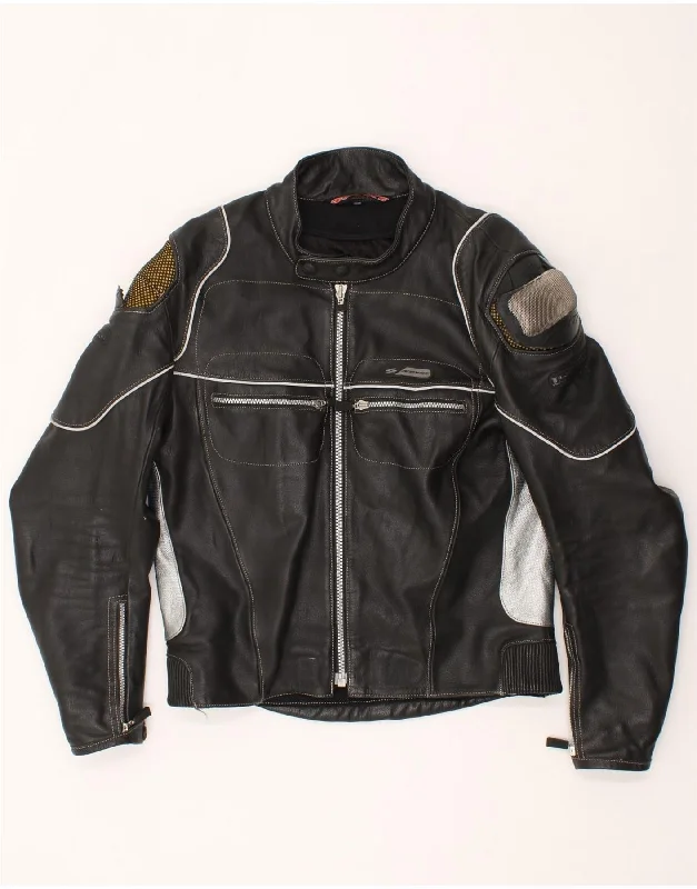 SPYKE Mens Leather Biker Jacket IT 50 Large Black Colourblock