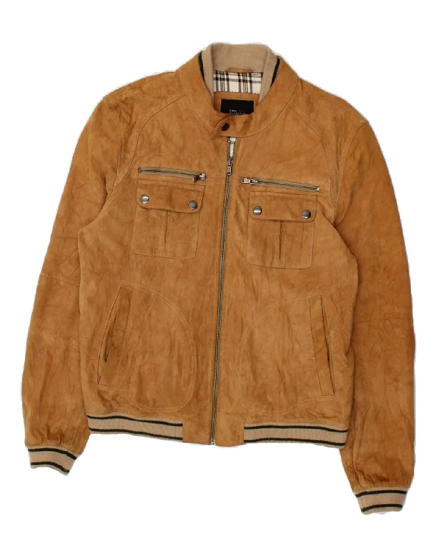 ZARA Mens Bomber Suede Jacket UK 40 Large Brown Leather