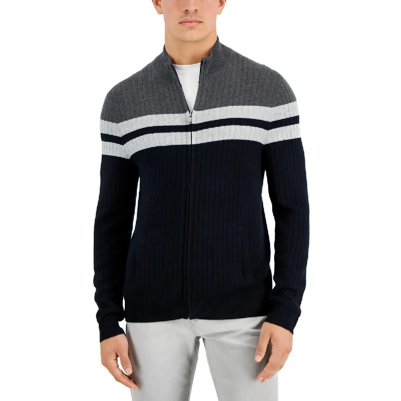 Alfani Mens Cotton Ribbed Full Zip Sweater