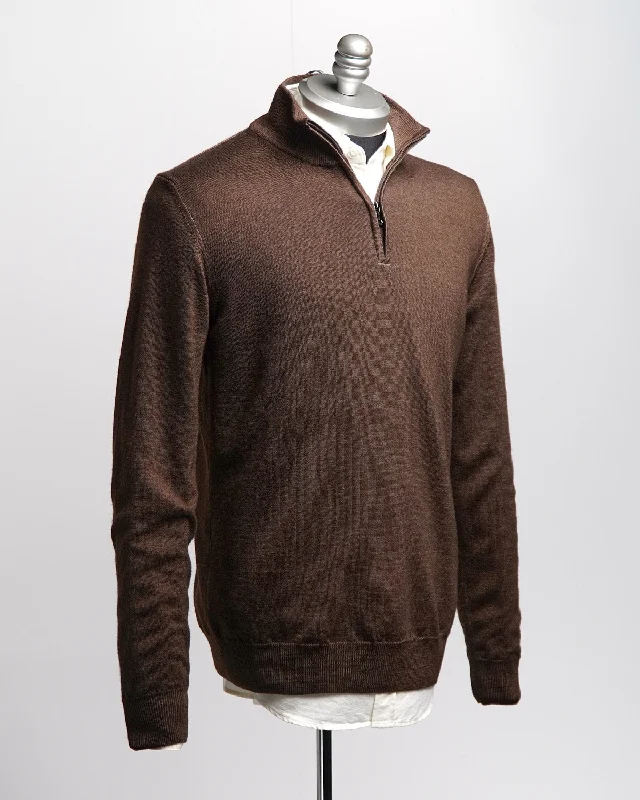 Chocolate 12 Gauge Quarter Zip Frosted Garment Dyed Wool Sweater