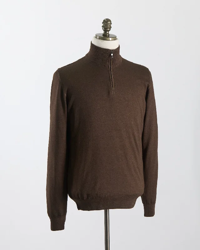 Chocolate 12 Gauge Quarter Zip Frosted Garment Dyed Wool Sweater