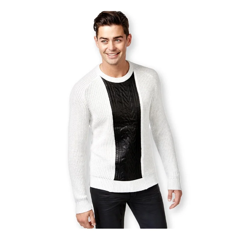 I-N-C Mens Faux Leather Cable Knit Pullover Sweater