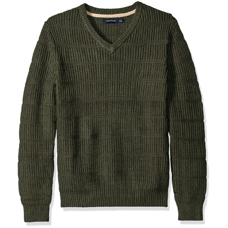 Nautica Mens Knit V-Neck Pullover Sweater, Green, Small