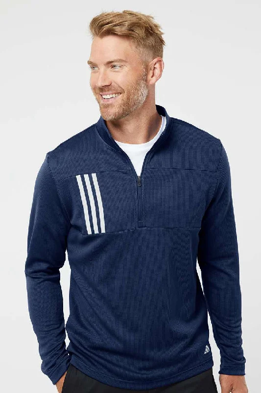 Adidas Mens 3 Stripes Double Knit Moisture Wicking 1/4 Zip Sweatshirt - Team Navy Blue/Grey