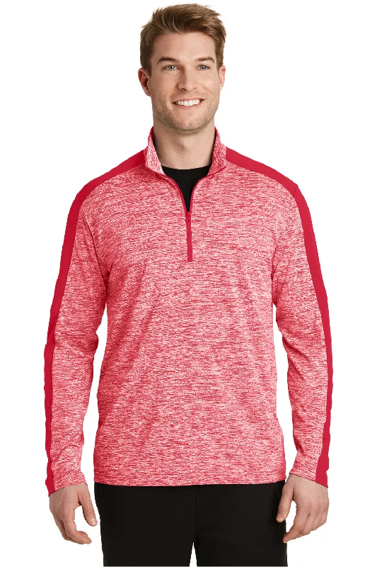 Sport-Tek Mens Electric Heather Moisture Wicking 1/4 Zip Sweatshirt - Deep Red Electric/Deep Red